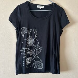 Jones New York Black Top with Embroidered White Floral Design